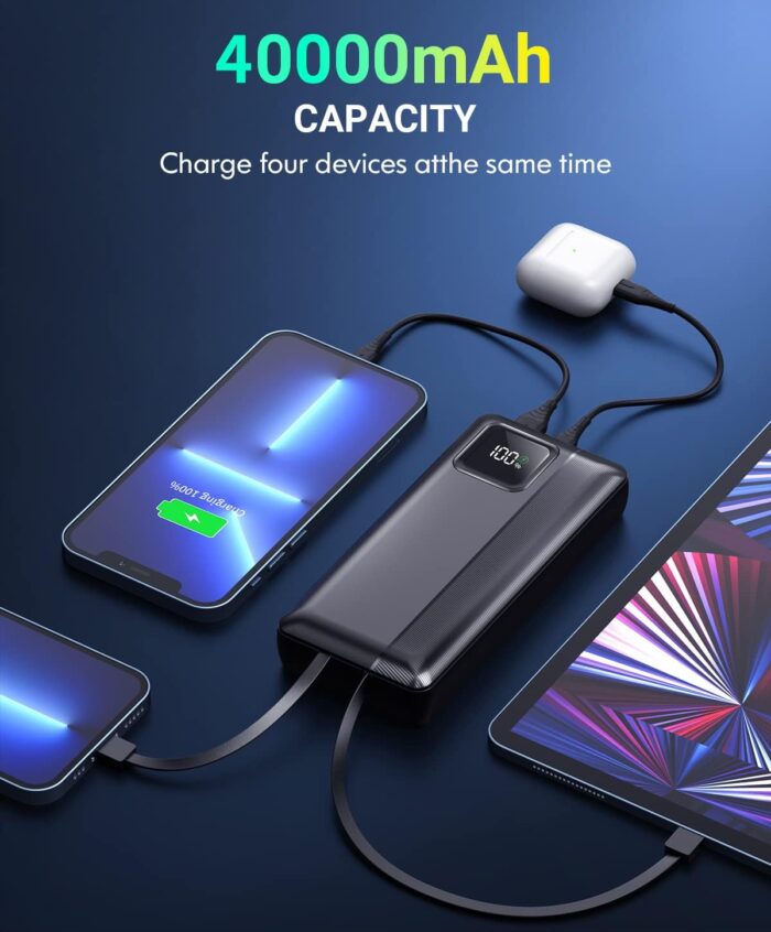 Power-Bank-Portable-Charger - 40000mAh Power Bank Support PD 30W and QC4.0 Fast Charging wiht Built-in 2 Output Cable and LED Display for iPhone and Android Phones and Most Electronic Devices - Image 2