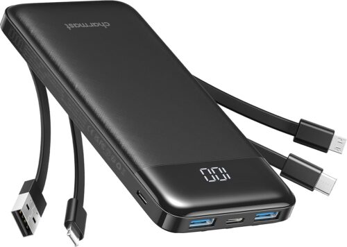 Charmast Power Bank with Built in Cables, 10000mAh USB C Battery Pack 6 Outputs 2 Inputs with LED Display Type C Powerbank Portable Charger Compatible with Smartphones Tablets and More (Black)
