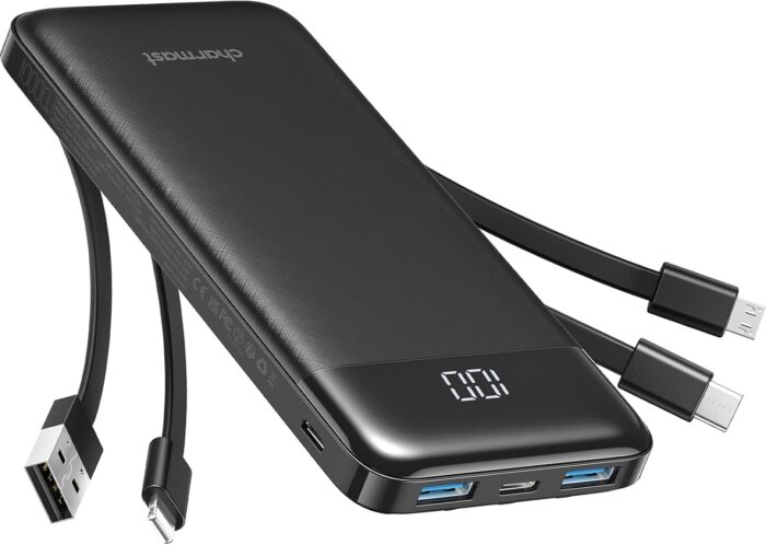 Charmast Power Bank with Built in Cables, 10000mAh USB C Battery Pack 6 Outputs 2 Inputs with LED Display Type C Powerbank Portable Charger Compatible with Smartphones Tablets and More (Black)