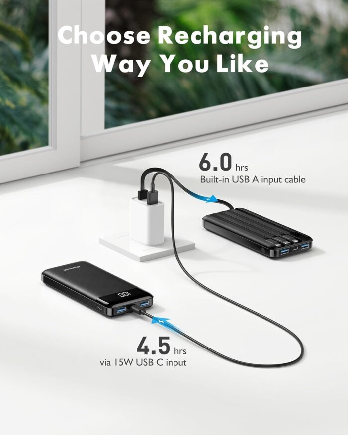 Charmast Power Bank with Built in Cables, 10000mAh USB C Battery Pack 6 Outputs 2 Inputs with LED Display Type C Powerbank Portable Charger Compatible with Smartphones Tablets and More (Black) - Image 5