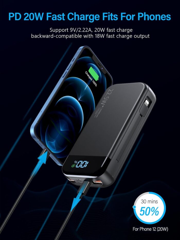 Portable Charger 32000mAh, BLJIB 22.5W QC 3.0 PD 20W Smart LED Display Fast Charging Built in Cables Power Bank, External Battery Pack Charge 5 Devices Compatible with Cellphones (Black) - Image 5