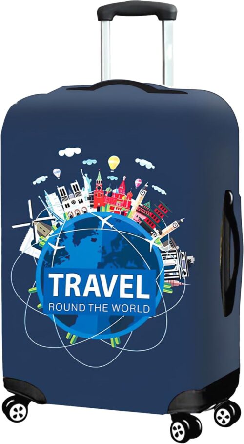 Tibapla 18-32 Inch Travel Luggage Cover, ''Travel Round The World'' Elastic Suitcase Protective Cover, Waterproof Dustproof Anti Scratch Washable Trolley Suitcase Cover for Wheeled Suitcase (Medium)