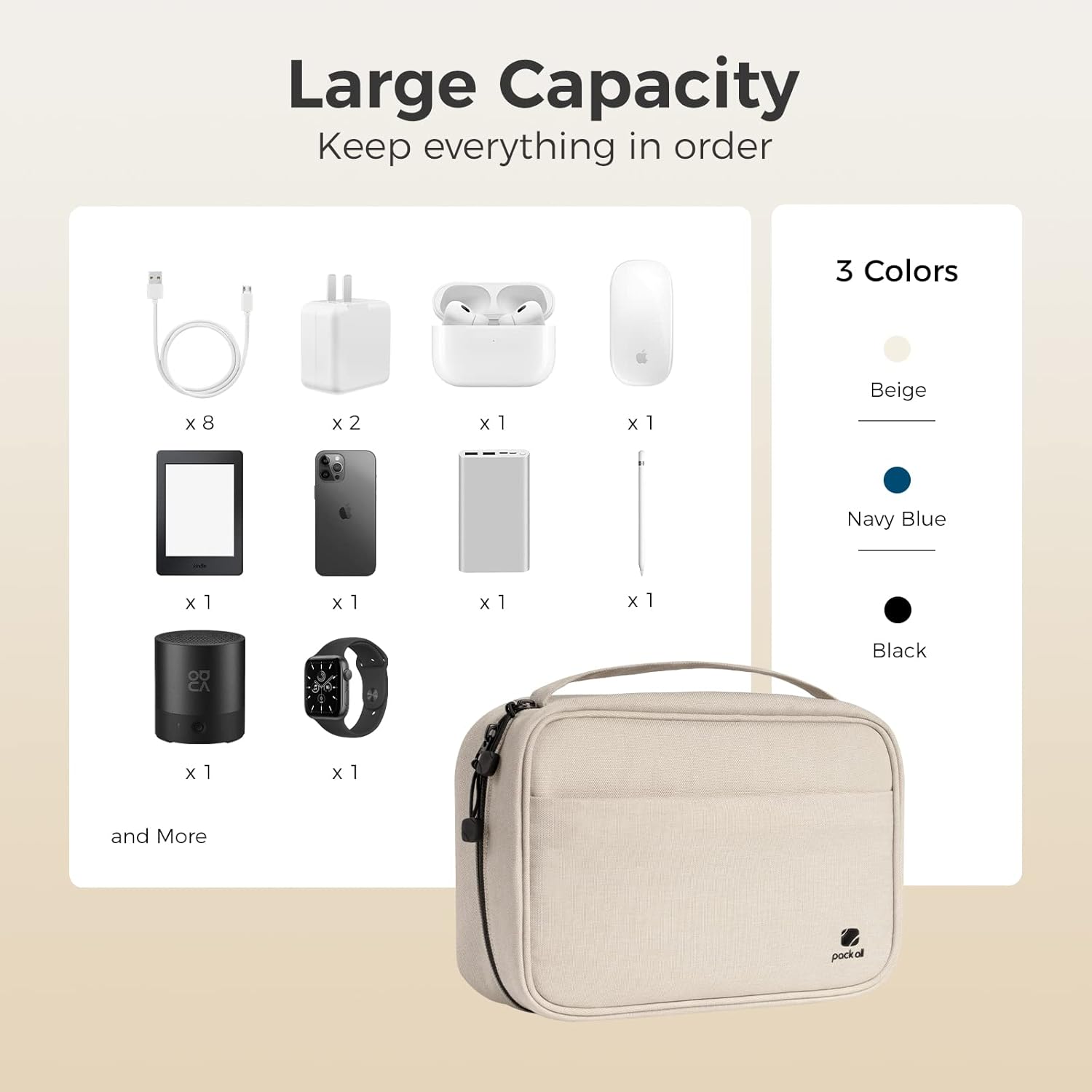pack all Electronic Organizer Plus, Larger Capcity Cable Organizer Bag, Shockproof Carrying Case, Portable Cord Travel Organizer Storage Bag for Cables, Chargers, Phones, USB, SD Cards(Beige) - Image 8