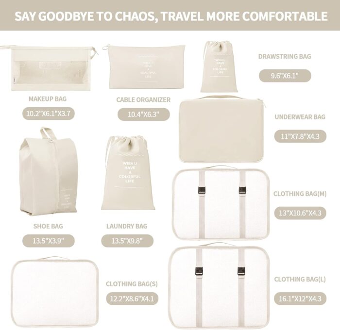 Awvuq 9 Set Packing Cubes Travel Organizer Foldable Travel Packing Cubes Waterproof Compression Packing Cubes for Carry on Luggage Clothes Shoes Travel Accessories (Beige) - Image 2