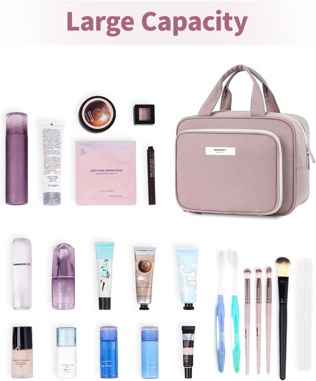 Narwey Full Size Toiletry Bag Women Travel Toiletries Bag Make Up Bag Large Cosmetic Makeup Organizer Bag for Travel Accessories Essentials (Dusty Rose) - Image 5