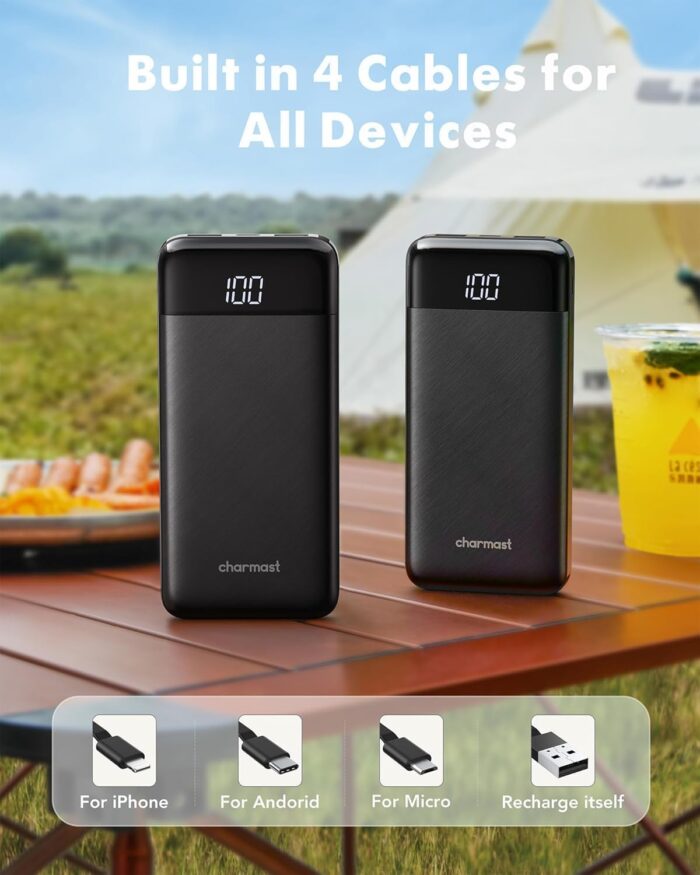 Charmast Power Bank with Built in Cables, 10000mAh USB C Battery Pack 6 Outputs 2 Inputs with LED Display Type C Powerbank Portable Charger Compatible with Smartphones Tablets and More (Black) - Image 2