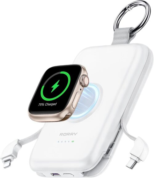 RORRY Portable Charger, 10000mAh PD 20W Fast Charging Portable Charger Power Bank with Built in Cables, Travel Battery Pack for iPhone 17/16/15/14/13/12 and Apple Watch Ultra11/10/9/8/7/6/5, White