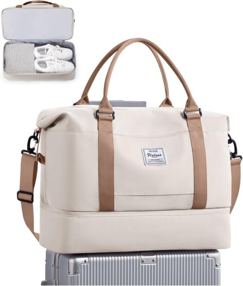 BJLFS Weekender Bag for Women Travel Duffel Bag with Shoes Compartment Lightweight Carry on Luggage Bag for Airplanes Overnight Duffle Bag Waterproof Beach Bag Sports Gym Tote Beige Brown