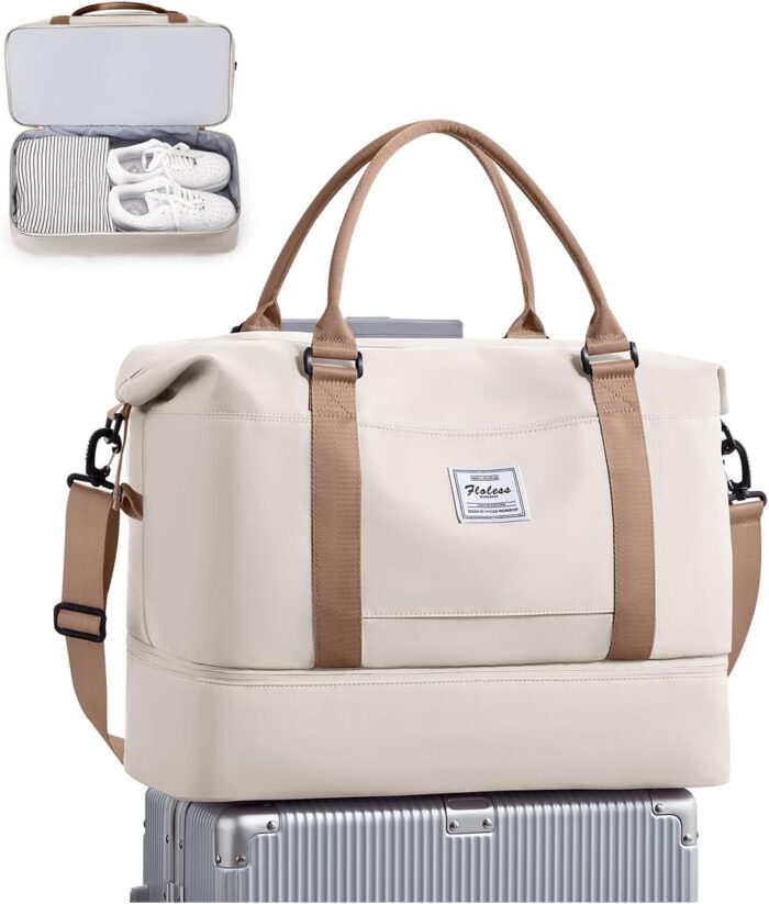 BJLFS Weekender Bag for Women Travel Duffel Bag with Shoes Compartment Lightweight Carry on Luggage Bag for Airplanes Overnight Duffle Bag Waterproof Beach Bag Sports Gym Tote Beige Brown