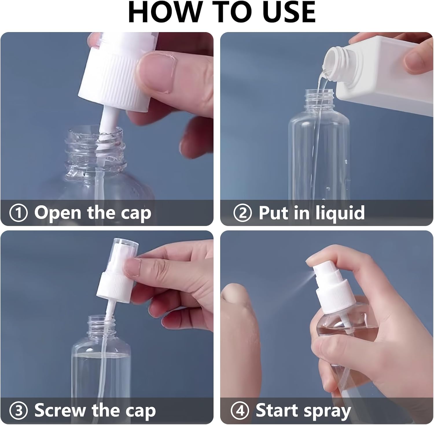 DTDNZKN 4 Pack 3.4 Oz (100ml) Small Spray Bottles, TSA Approved Travel Bottles for Toiletries with Labels - Fine Mist, Refillable, Reusable, Leak Proof - Image 4