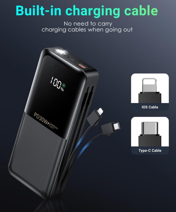 Power-Bank-Portable-Phone-Charger - 40000mAh Power Bank PD30W Fast Charger Built-in 2 Detachable Output Cables, Flashlight and LED Display for iPhone and Android Phones and Most Electronic Devices - Image 4