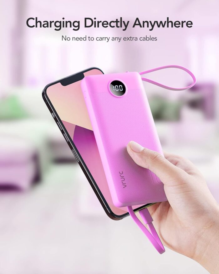 Portable Charger 10000mAh,VRURC Slim LED Display Power Bank, 5 Output 2 Input Cell Phone Battery Pack, Built-in Micro & USB C Cables Phone Charger Compatible with iPhone,Samsung,Android etc-Rose Red - Image 7