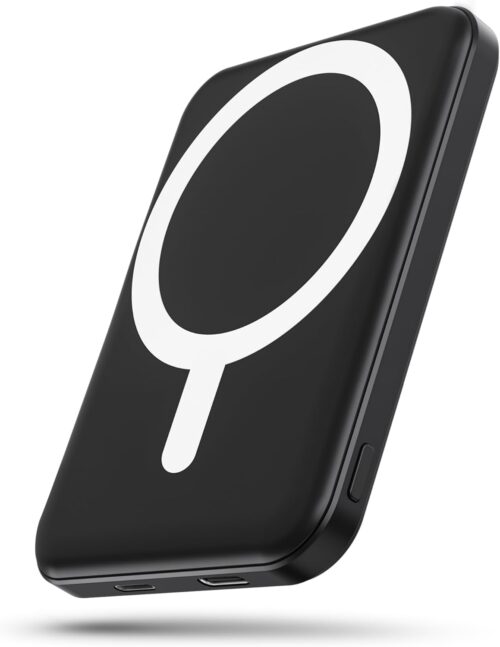 Podoru Mag-Safe Power Bank, Mini 5000mAh Magnetic Battery Pack Power Bank with USB-C Cable 20W Fast Charging Ultra Slim for MagSafe Charger Portable for iPhone 17/16/15/14/13/12/ All Series-Black