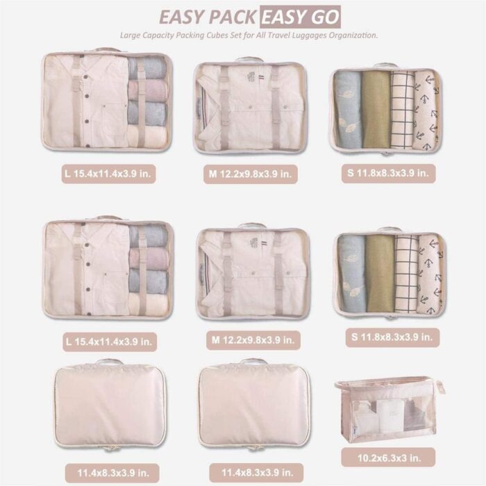 Voniry 9 Set Packing Cubes - Waterproof Mesh Travel Luggage Packing Organizer(Beige) - Image 2