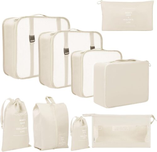 Awvuq 9 Set Packing Cubes Travel Organizer Foldable Travel Packing Cubes Waterproof Compression Packing Cubes for Carry on Luggage Clothes Shoes Travel Accessories (Beige)