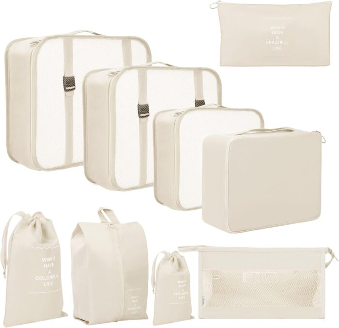 Awvuq 9 Set Packing Cubes Travel Organizer Foldable Travel Packing Cubes Waterproof Compression Packing Cubes for Carry on Luggage Clothes Shoes Travel Accessories (Beige)