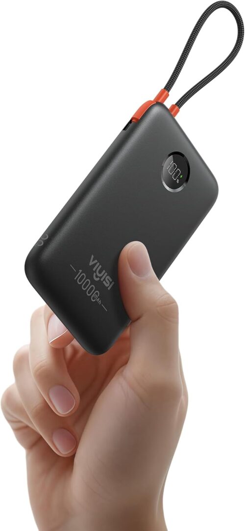 VIYISI Portable Charger 10000mAh 22.5W Fast Charging, Slim Power Bank with Built-in Cables & LED Display, USB C Battery Pack for iPhone 16/15, Samsung, iPad and Android Phones, Ideal for Travel -Black