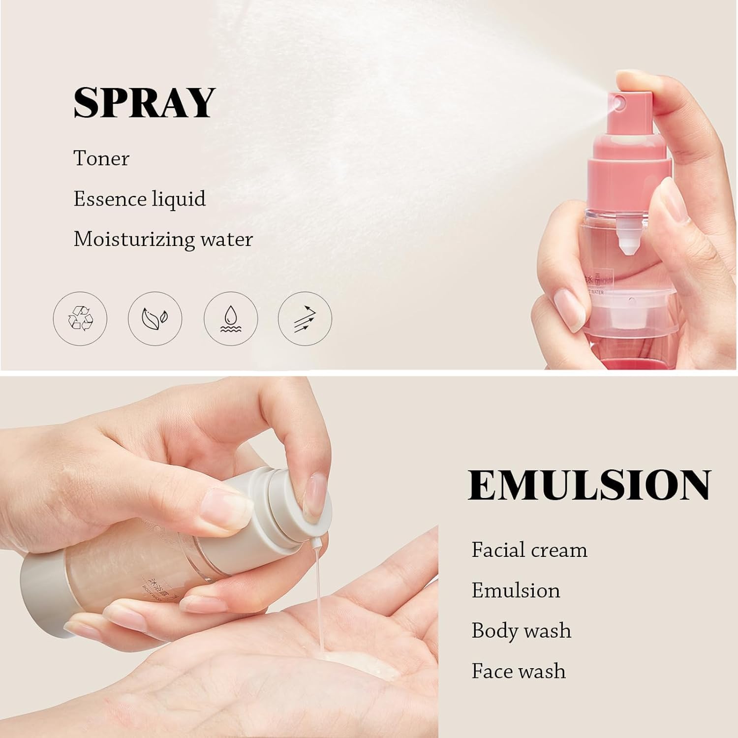 MHWL 5 Pcs TSA-Approved Travel Bottles Set - Airless Pump and Spray Bottles for Toiletries - 15/30/50ml Refillable Containers (Nordic color scheme) - Image 2