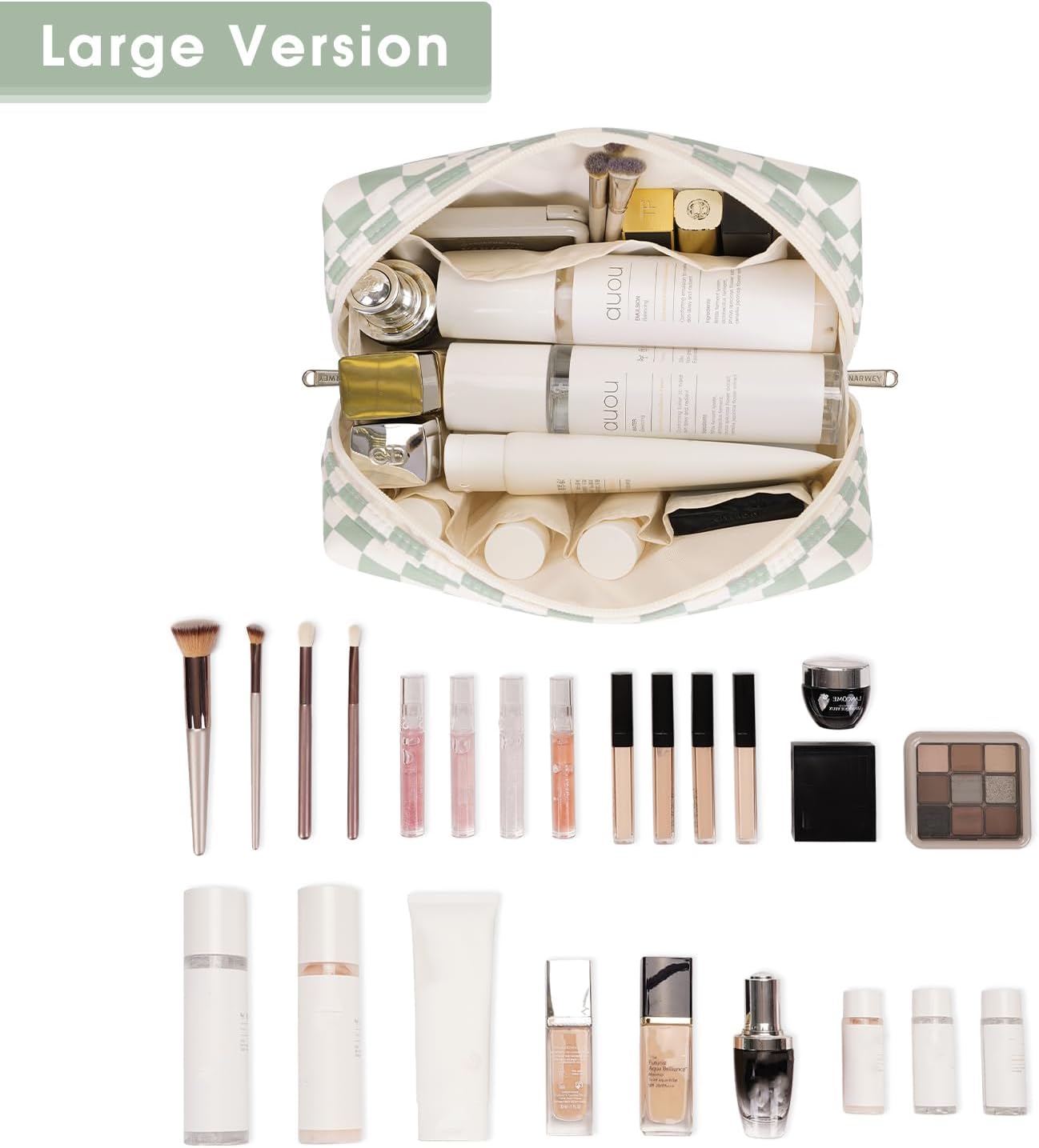 Narwey Checkered Makeup Bag Travel Cosmetic Bag Organizer Toiletry Bag Make Up Bags with Compartments for Women Girls (Large, Mint Green Checkerboard) - Image 2