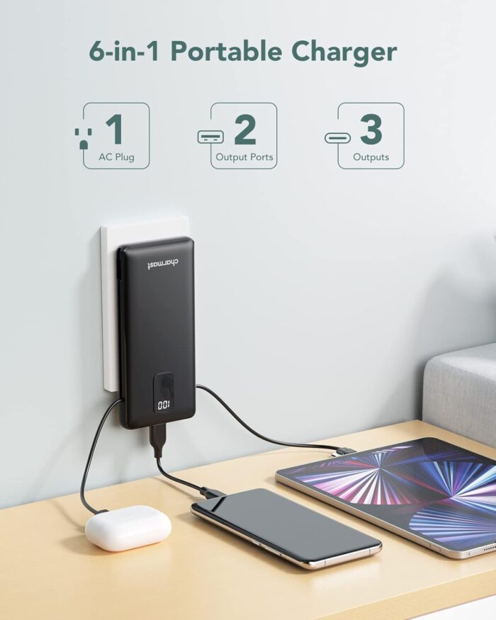 Charmast 10000mAh Portable Charger with Built-in Cables and AC Wall Plug,USB C Battery Pack Power Bank,5 Output 2 Input Battery Pack Compatible with iPhone 16/15/14/13/12,Andriod Series - Image 2
