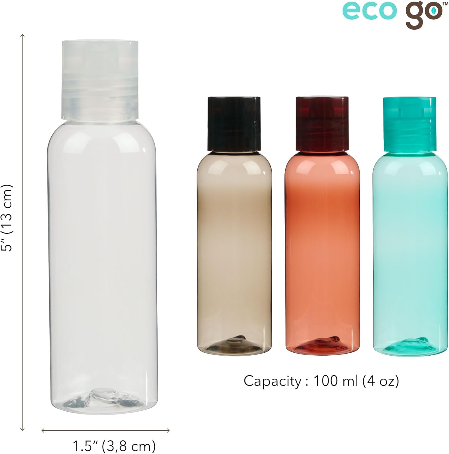 Eco Go 10pc travel set for toiletries, TSA and carry-on approved for shampoo & skin care, includes 5 x 100mL bottles, 1x 100mL pump, 1 x 100mL spray bottle, and 3 x 11mL jars. Beautiful colors (amber, turquoise, brown and clear). BPA-free. - Image 2