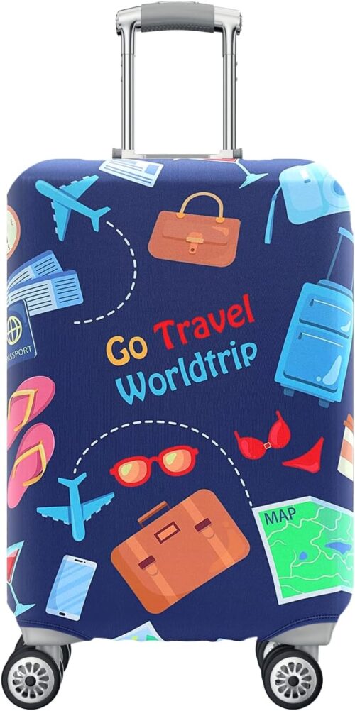 Travel Luggage Cover, Suitcase Cover Washable Travel Trolley Case Protector, Elastic Dustproof Anti Scratch Luggage Case with ''Go Travel Worldtrip'' for Wheeled Luggage (18-32 Inch) (M)