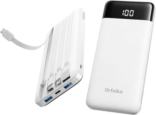 Orfeika Power Bank with Built in Cables, 10000mAh Portable Charger USB C in&Out, Battery Pack with LED Display Travel Essential for iPhone 16 15 14 13 12, Samsung S22 S21 Google LG iPad (White)