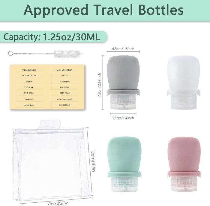 1.3oz (38ml) Silicone Travel Bottles for Toiletries (4-Pack), Leak Proof Refillable Squeezable Containers (FDA Passed) Travel Containers for Shampoo Conditioner Lotion Liquids with Storage Bag Tag - Image 3
