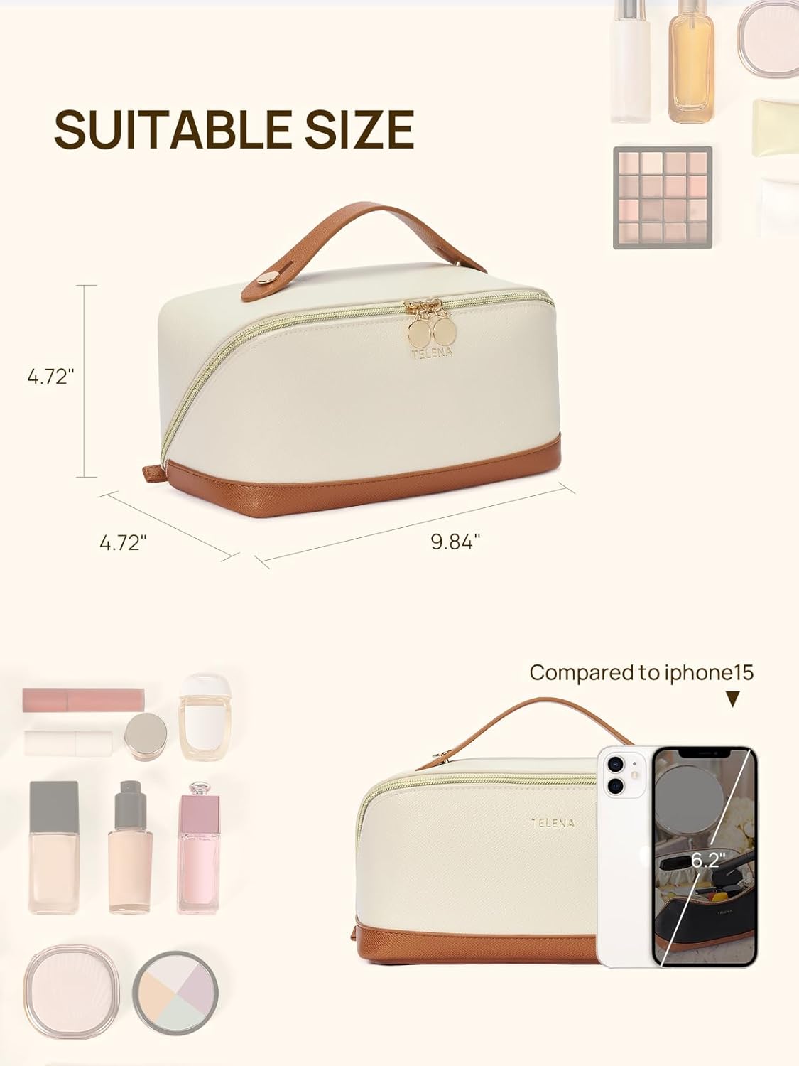 Telena Makeup Bag Large Capacity Travel Cosmetic Bag Portable PU Leather Waterproof Makeup Organizer Bags for Women with Handle and Divider Open Flat Beige with Brown - Image 5