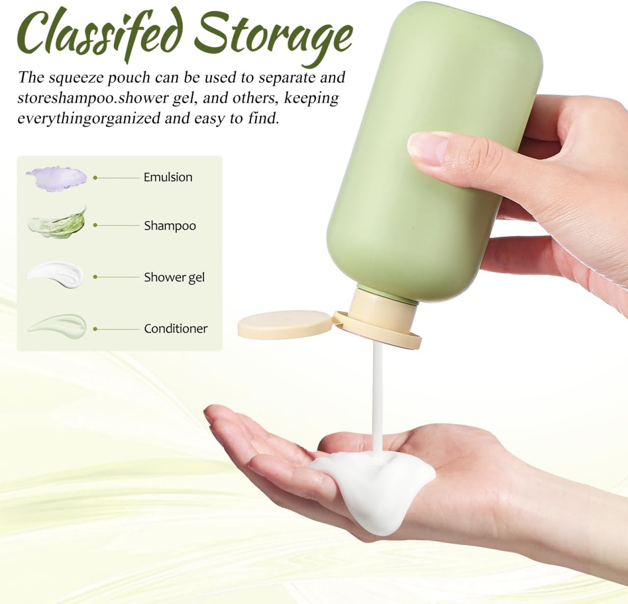 Kichvoe 300ML Refillable Shampoo Conditioner Bottle Squeeze Bottles with Flip Cap Green Shower Bottles Plastic Travel Bottles for Lotion-3PCS - Image 8