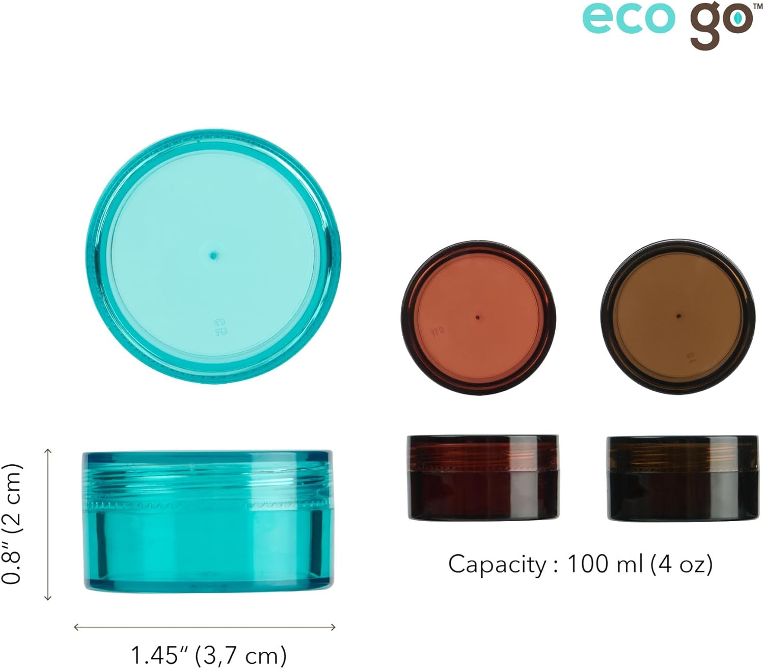 Eco Go 10pc travel set for toiletries, TSA and carry-on approved for shampoo & skin care, includes 5 x 100mL bottles, 1x 100mL pump, 1 x 100mL spray bottle, and 3 x 11mL jars. Beautiful colors (amber, turquoise, brown and clear). BPA-free. - Image 5