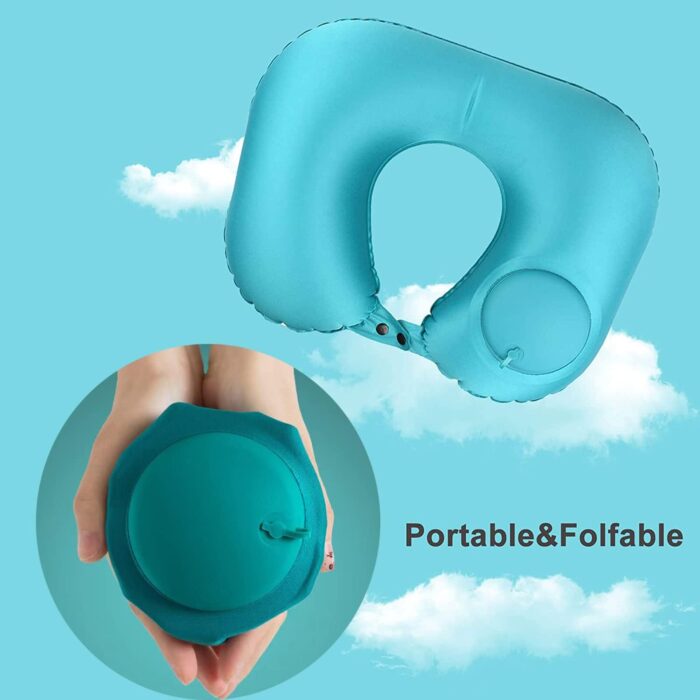 Inflatable Travel Pillow with Built-in Pump - Portable Neck Pillow Fast Blow Up Neck Cushion with Comfy Elasticity Fabric for Neck Support Sleep Rest Airplane Car Office Outdoor & etc. - Green, TZX01 - Image 2