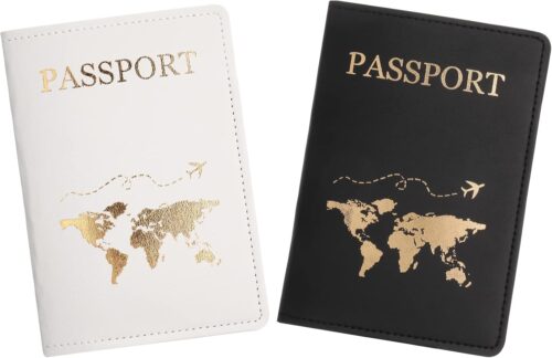 NHALESBG 2 Pcs Passport Holder, PU Leather Passport Cover, Travel Wallet Case Organiser for Passport, Ticket Card, Boarding Passes, Business Cards, Credit Card (White, Black)
