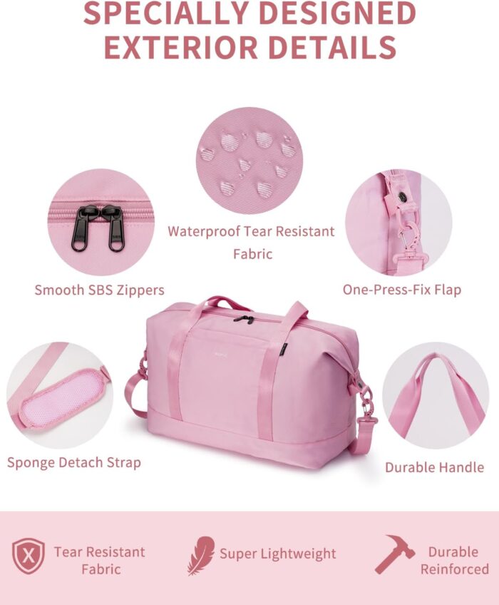 ECOHUB Travel Duffel Bag Carry on Luggage Bag for Airplanes Lightweight Weekender Overnight Shoulder Bag for Women Men Hospital Bag with Trolley Sleeve 30L Pink - Image 5