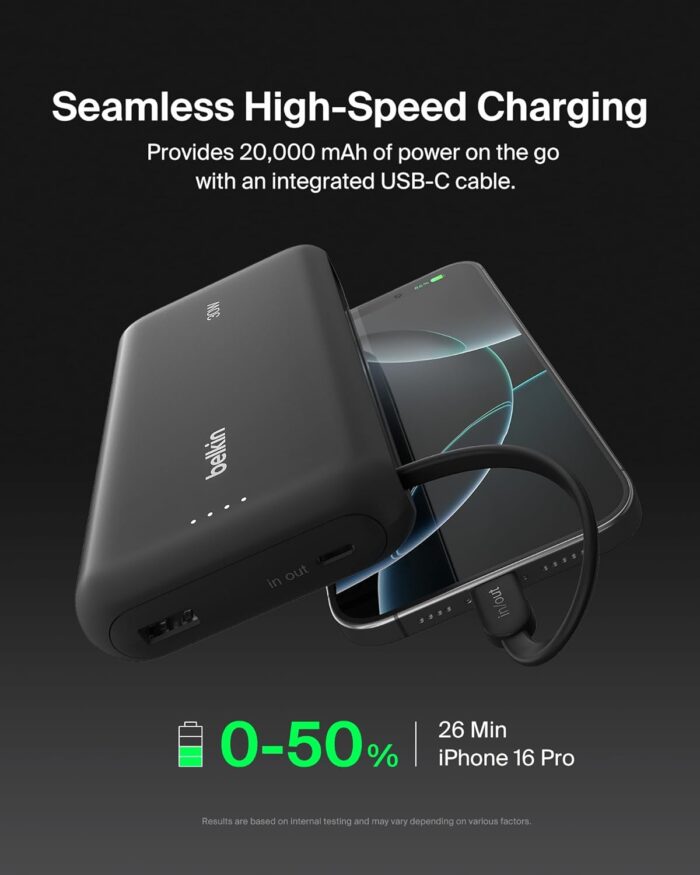 Belkin Portable Charger, Power Bank with Integrated Cable 20000 mAh 30W - Fast Charging USB C Power Delivery, iPhone Charger - iPhone 16 Series, iPad Pro, Galaxy S25 Series, & More - Black - Image 5