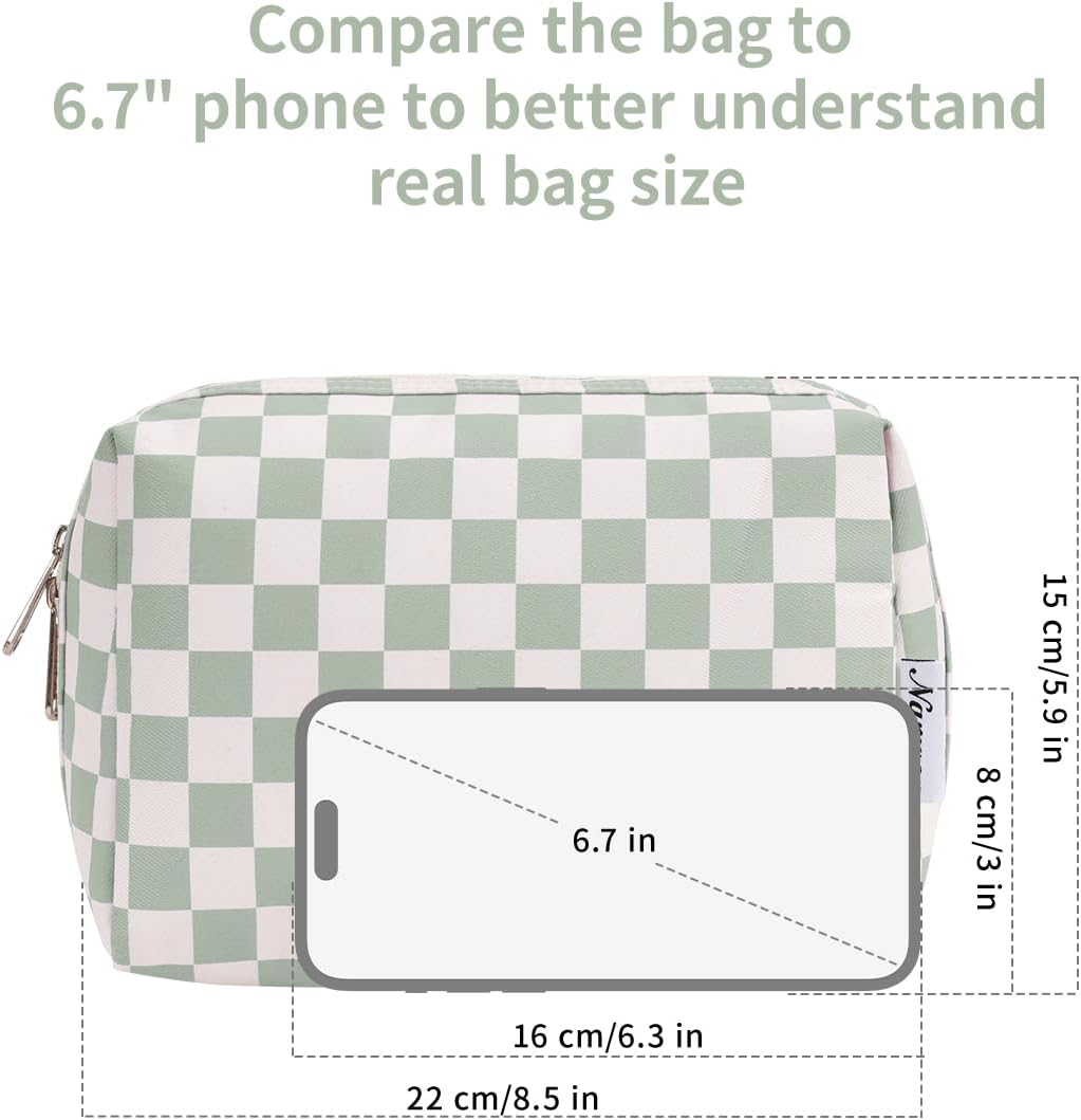 Narwey Checkered Makeup Bag Travel Cosmetic Bag Organizer Toiletry Bag Make Up Bags with Compartments for Women Girls (Large, Mint Green Checkerboard) - Image 5