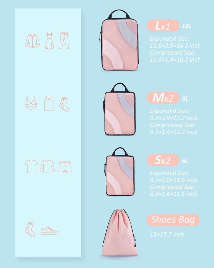 BAGSMART Compression Packing Cubes, 6 Set Travel Packing Cubes for Carry on Suitcases, Compression Suitcase Organizers Bag Set & Travel Storage Bags for Luggage, Packing Organizers Baby Pink - Image 5