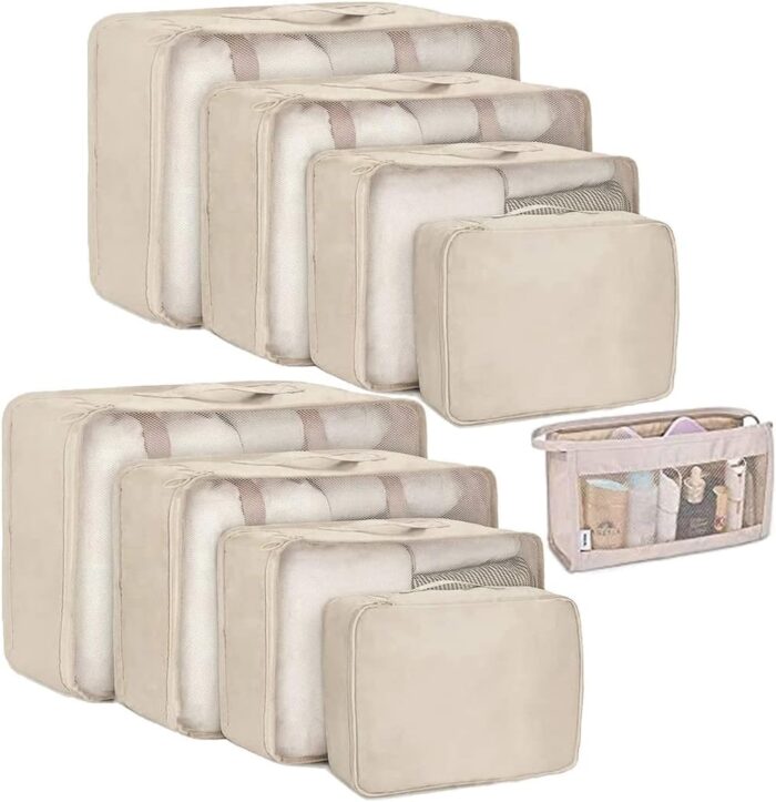 Voniry 9 Set Packing Cubes - Waterproof Mesh Travel Luggage Packing Organizer(Beige)