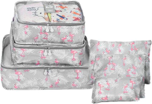 GUIFIER 6 Set Packing Cube Luggage Organizer Pouch, Travel Storage Bags Organizer Set, Clothes Packing Cubes Laundry Pouch Suitcase Organizer Bags for Travel Carry On Luggage Packing(Grey Flamingo)