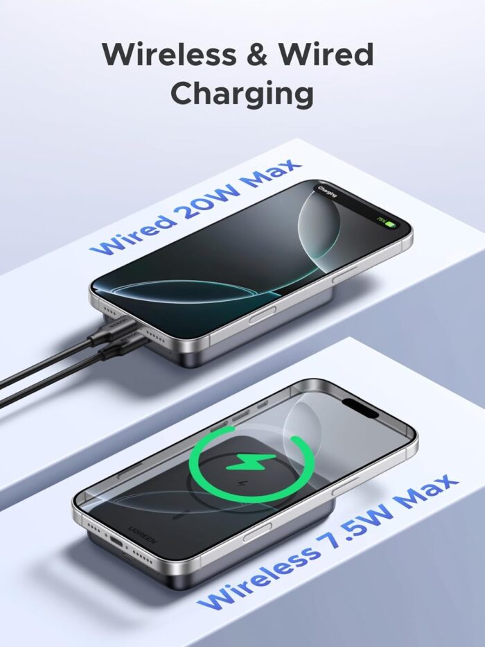 UGREEN 10000mAh PD 20W Magnetic Battery Pack Power Bank for iPhone, 7.5W Wireless Portable Charger with Magsafe, Skin-Friendly Compatible with iPhone 17/16/15/14/13 Series-Black, Includes USB-C Cable - Image 3