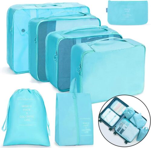 ZRAIUPUSA 7 Set Packing Cubes For Travel Luggage Organizers with Laundry Bag Electronics Bag Toiletry Bag Shoe Bag Clothing Underwear Bag (Blue)