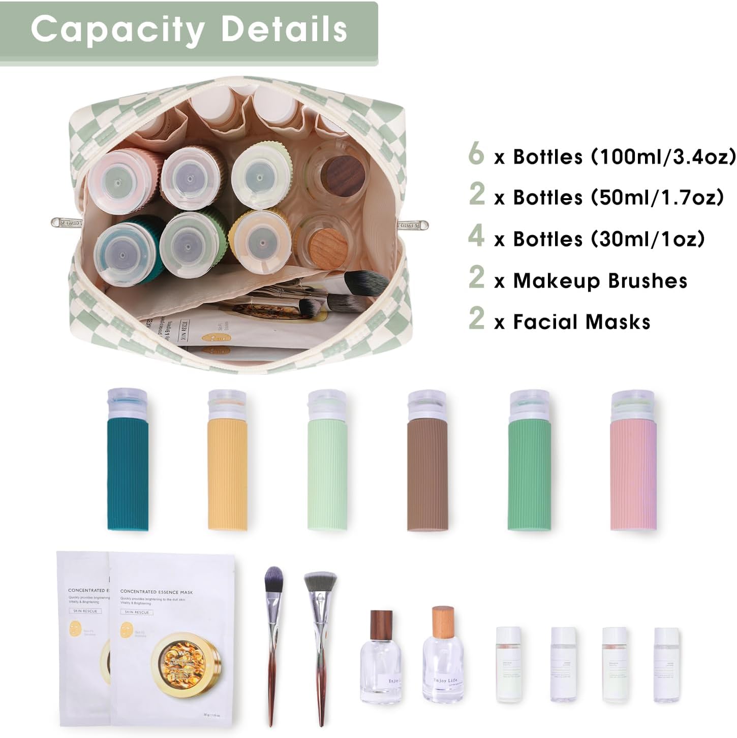 Narwey Checkered Makeup Bag Travel Cosmetic Bag Organizer Toiletry Bag Make Up Bags with Compartments for Women Girls (Large, Mint Green Checkerboard) - Image 3