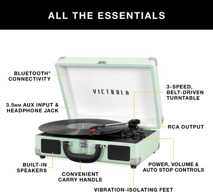 Victrola Journey Bluetooth Portable Suitcase Record Player – with Built-in Speakers, 3 Speed Vinyl Record Player, RCA Out, Headphone Jack (White) - Image 2