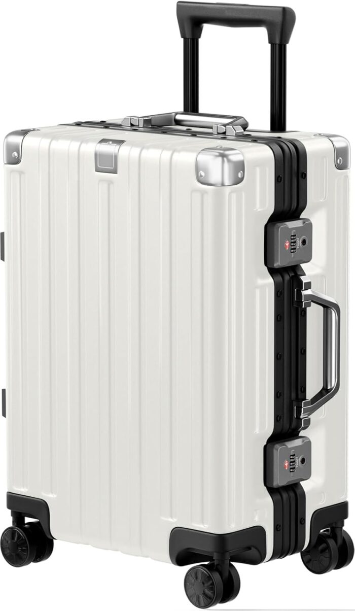 Krute Carry On Luggage PC+ABS Luggage Aluminum Frame Zipperless Lightweight Hardshell Suitcase with TSA Lock Spinner Wheels 20 Inch White