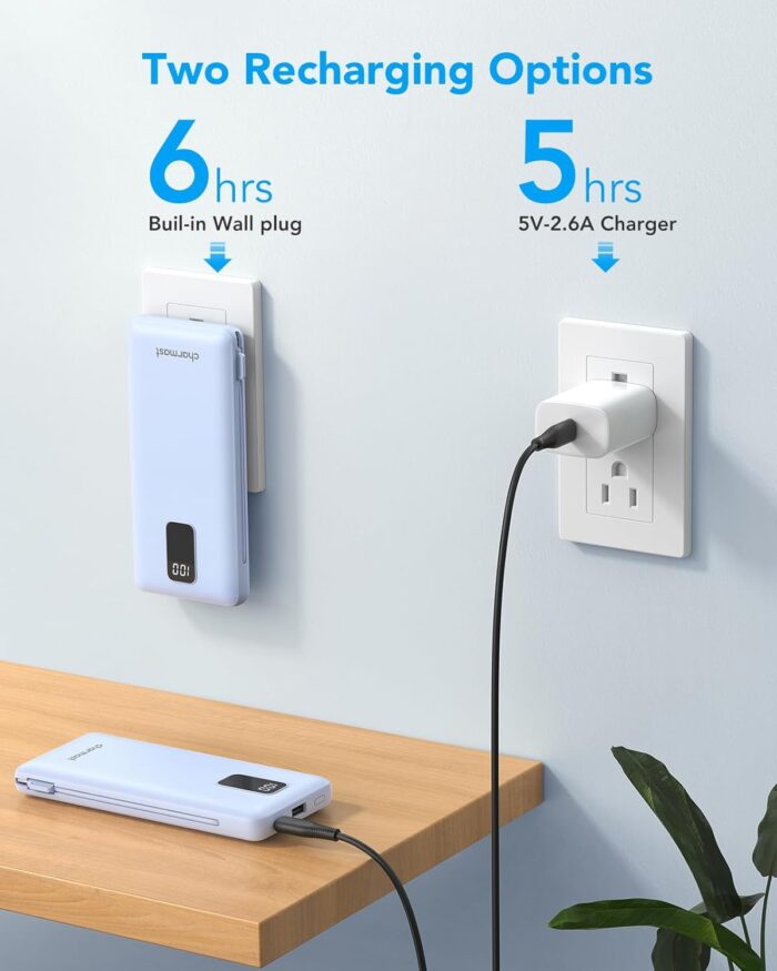 Charmast Portable Charger with Built-in Cables and AC Wall Plug, 10000mAh Ultra Slim Power Bank with 5 Outputs & 2 Inputs, External Battery Pack Compatible with iPhone 14/13, Samsung Galaxy, etc - Image 5
