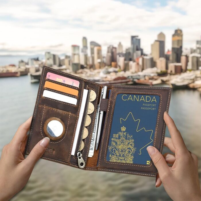 CONTACT'S Full Grain Leather Airtag Passport Holder RFID Blocking Travel Passport Wallet Slim Passport Cover Case with 4 Cards Slots, Coin Pocket (Badge, Brown) - Image 9
