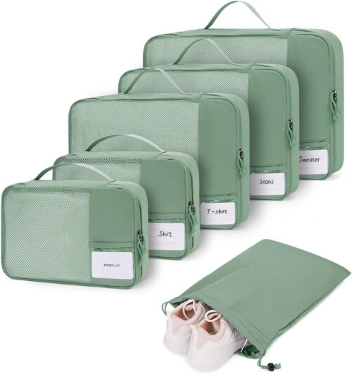 ECOHUB 6 Set Packing Cubes for Travel Durable Suitcase Organizer Bags Set with Personalized Tag Travel Essentials with Shoe Bag Traveling Accessories for Luggage Machine Washable, Green