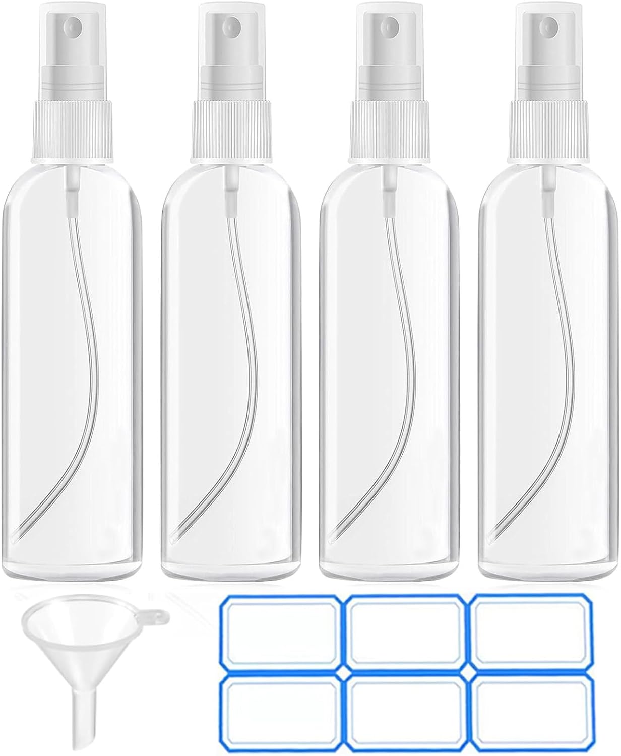 DTDNZKN 4 Pack 3.4 Oz (100ml) Small Spray Bottles, TSA Approved Travel Bottles for Toiletries with Labels - Fine Mist, Refillable, Reusable, Leak Proof