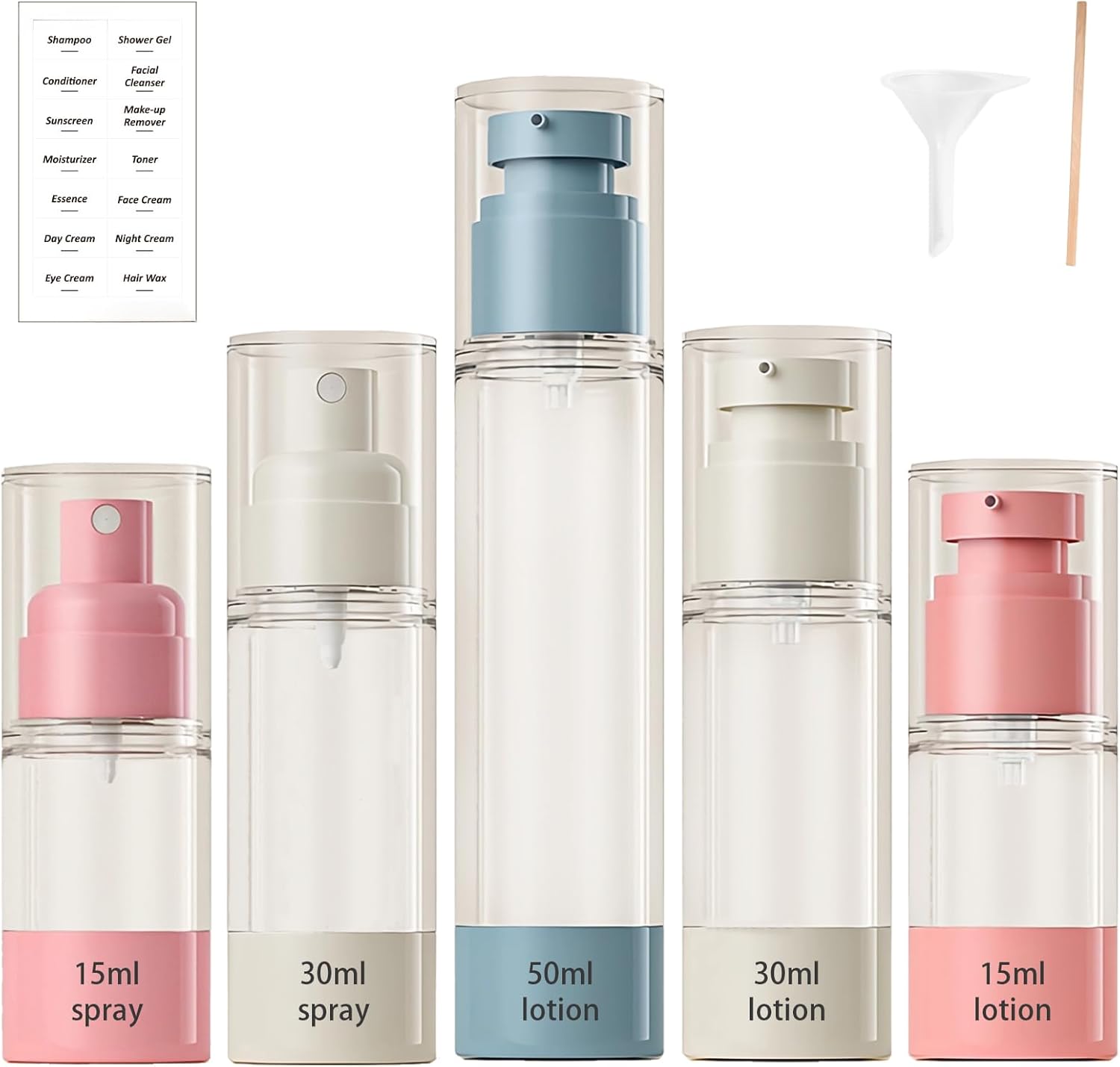MHWL 5 Pcs TSA-Approved Travel Bottles Set - Airless Pump and Spray Bottles for Toiletries - 15/30/50ml Refillable Containers (Nordic color scheme)