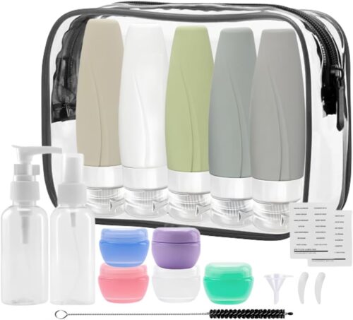 19PCS Silicone Travel Bottles Set for Toiletries, Leak Proof Refillable Squeezable Containers Travel Containers 90ml 3oz for Shampoo Conditioner Lotion Liquids Travel Containers with Storage Bag Tag